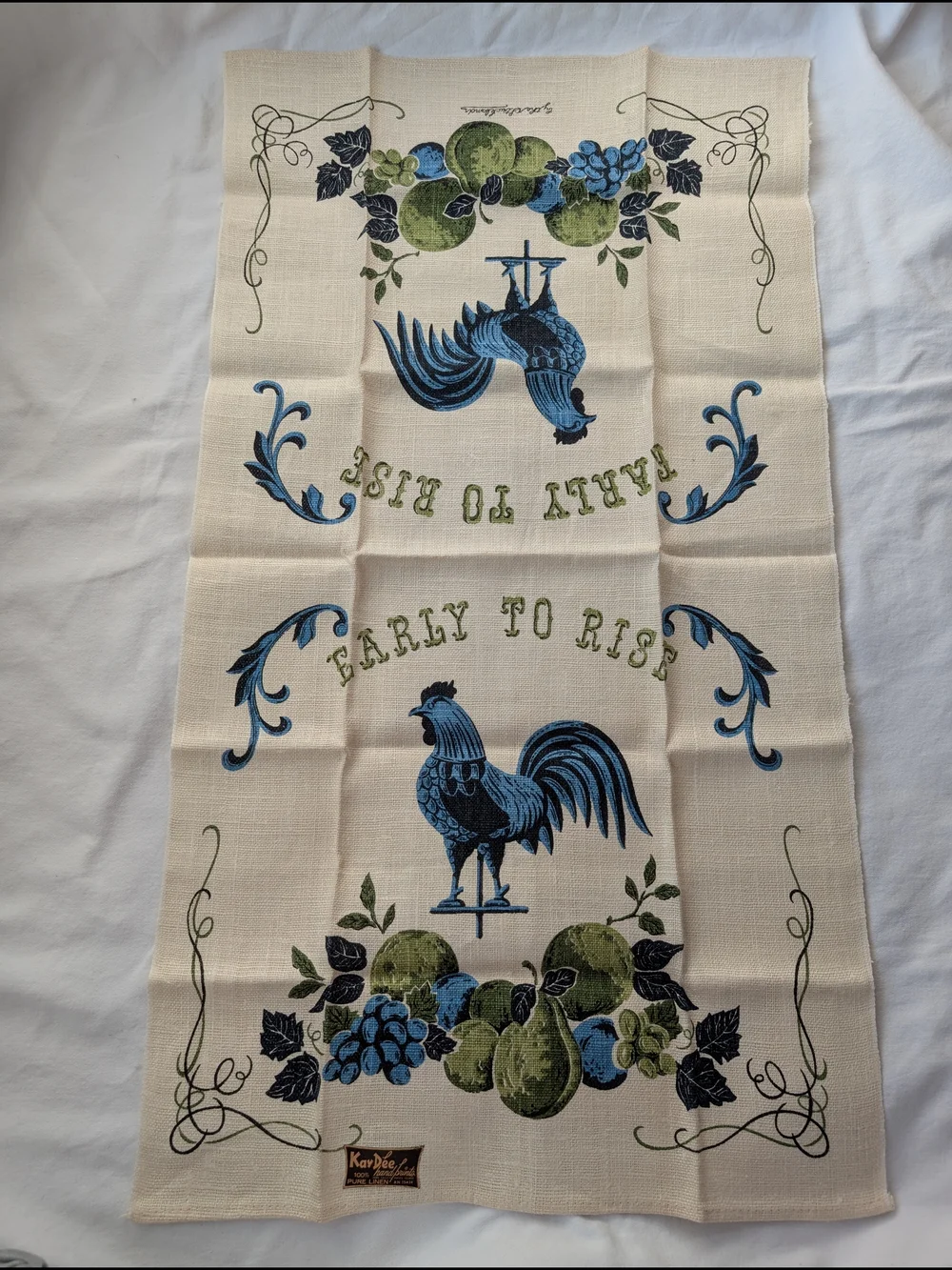 Vintage KayDee Handprints Linen Blue & Green Kitchen Towels - Rooster & Spices